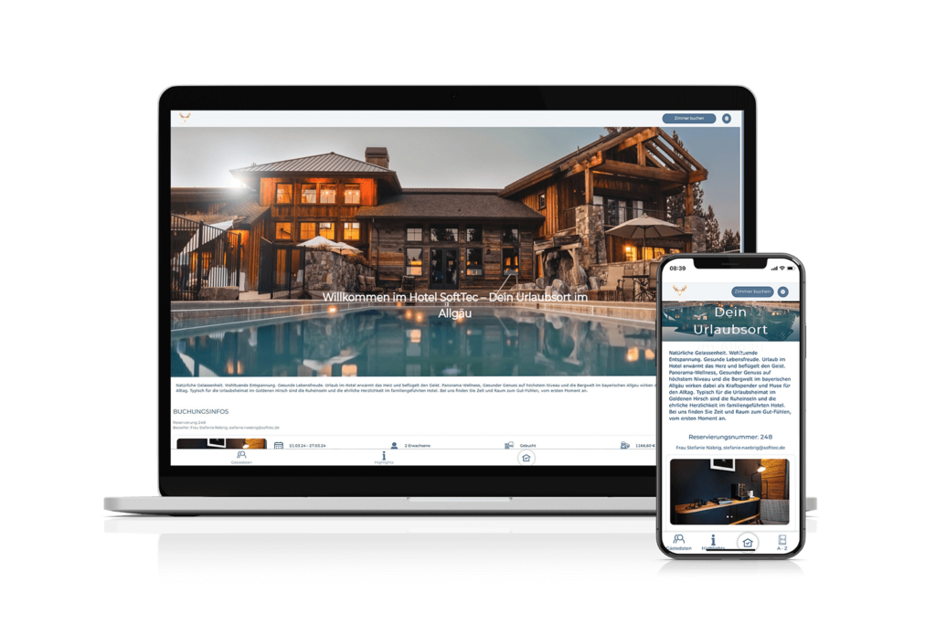 Laptop und Smartphone mit den responsiven Ansichten des Gäste Accounts der SoftTec Cloud Hotelsoftware